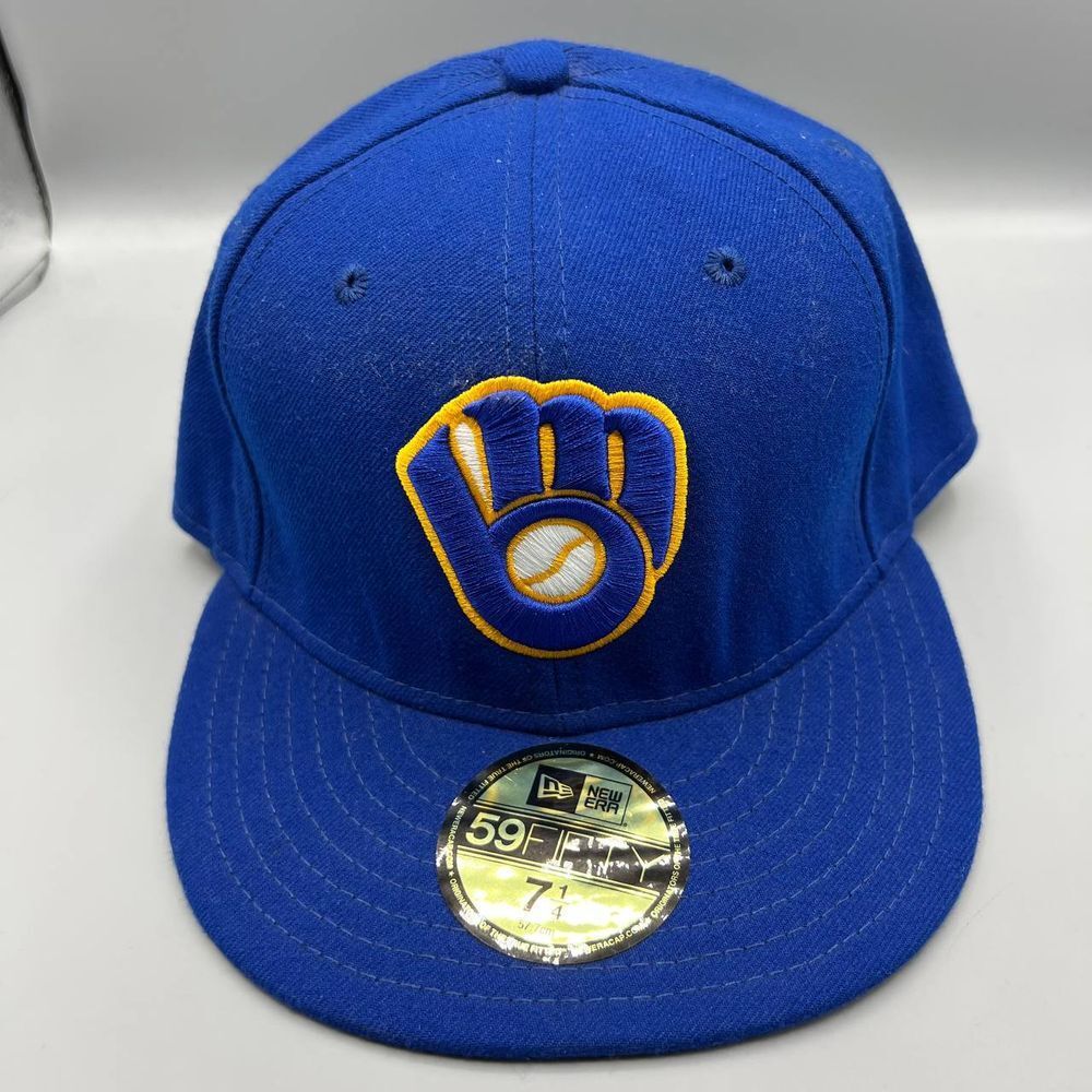Milwaukee Brewers Hat Men 7 3/8 Blue Black 59Fifty New Era Fitted Cap